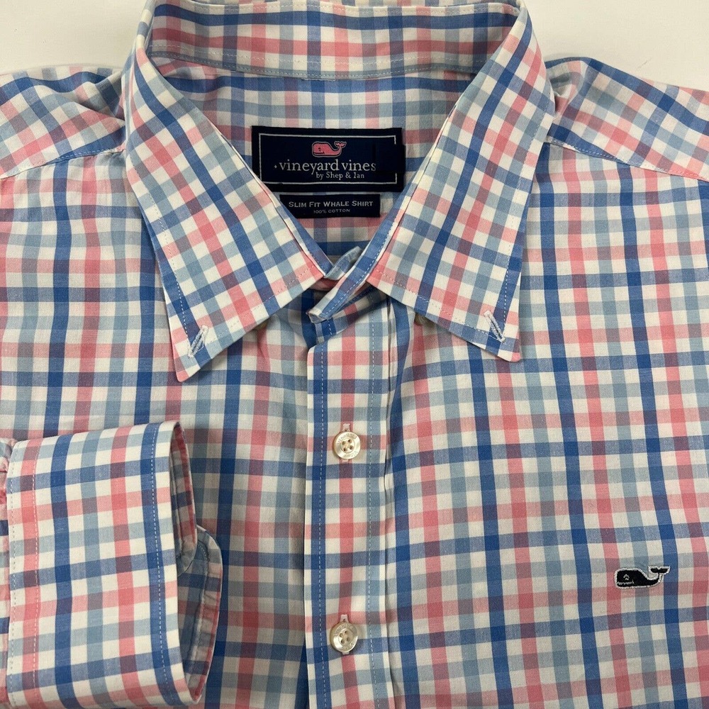 Vineyard Vines Slim Fit‎ Tucker Shirt Pink Blue Plaid Check Long Sleeve Men's XL